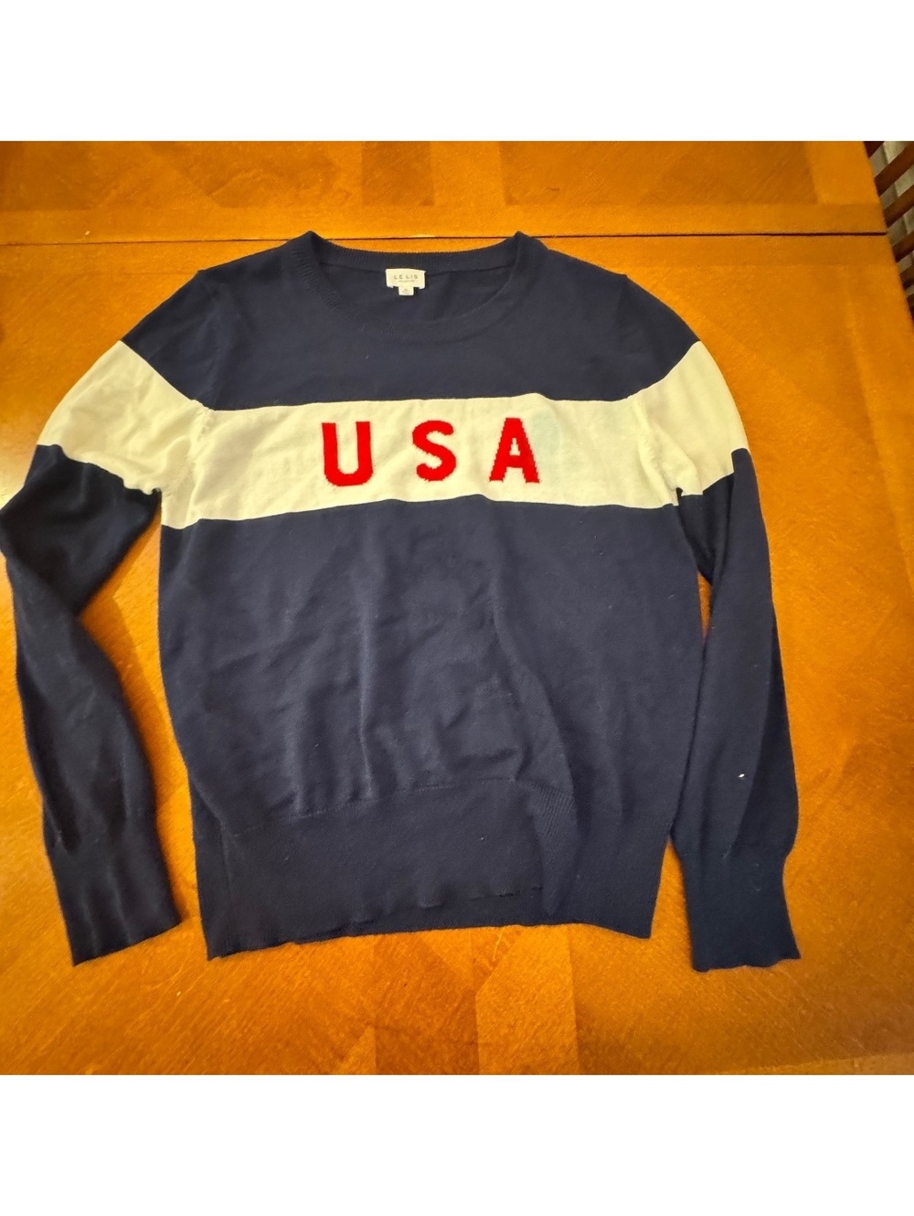 Le Lis USA Navy Blue and White Crew Neck Sweater XL 3214